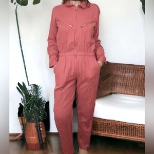 XIRENA JAYMES COTTON JUMPSUIT IN SUN DRIED RED S long sleeve